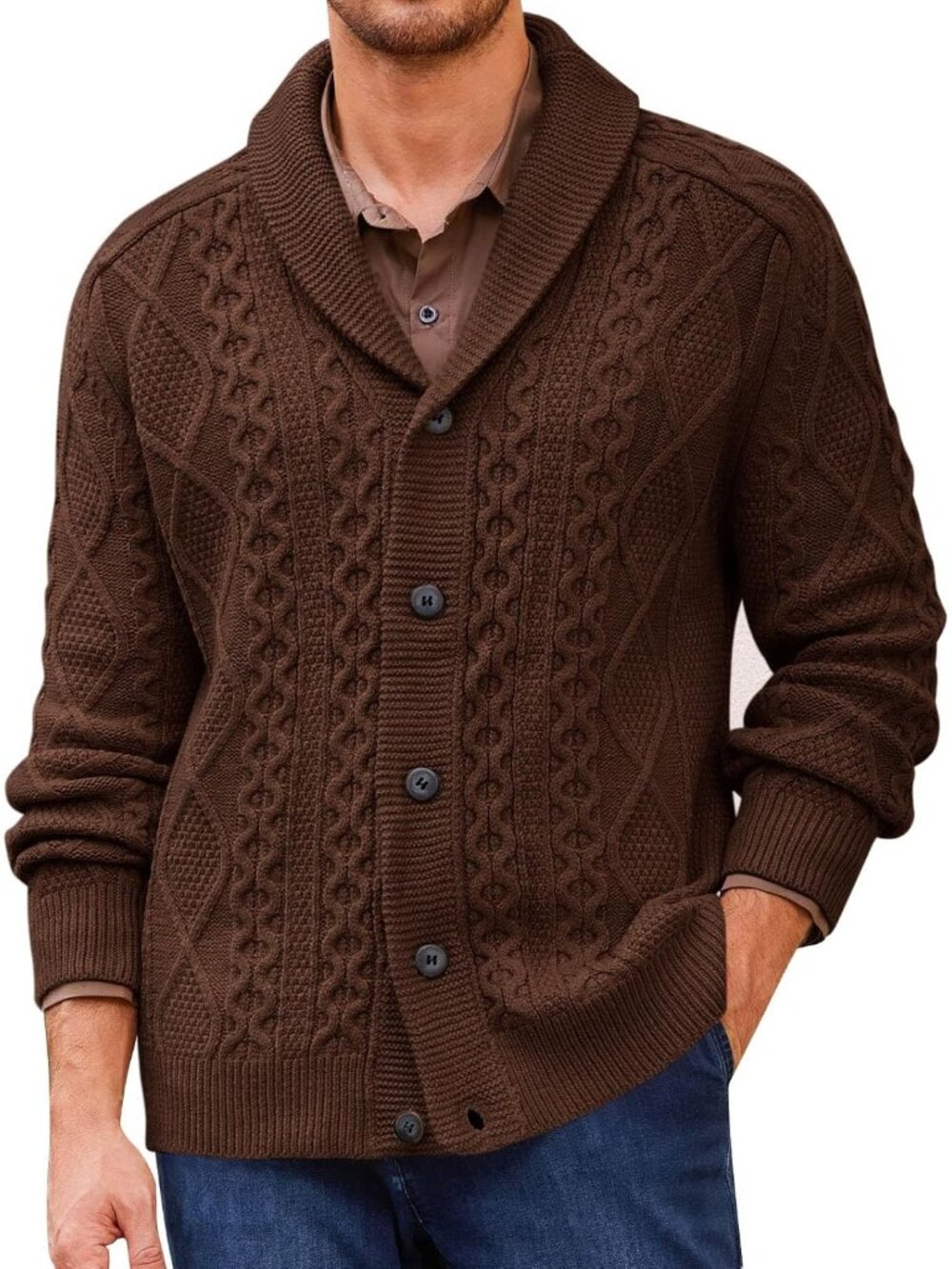 🆕Men's Dark Brown Chunky Knit Cardigan Sweater Shawl Collar Button Up Outerwear